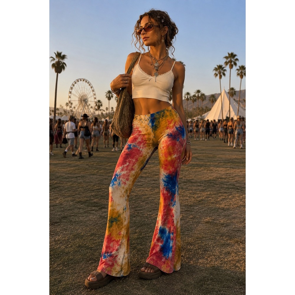 Rainbow Tie Dye Flare Pants Multi-Color High Rise Bell Bottom Leggings Large